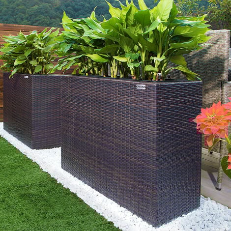 CASARIA® Flower Box  Large Tall Rattan Flower Pot Planter  4 Removable Inner Plant Pots With Water Drain  Poly Rattan Mesh Trough Flower Box Planters Outdoor Garden  95x27x60cm  Brown