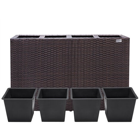 CASARIA® Flower Box  Large Tall Rattan Flower Pot Planter  4 Removable Inner Plant Pots With Water Drain  Poly Rattan Mesh Trough Flower Box Planters Outdoor Garden  95x27x60cm  Brown