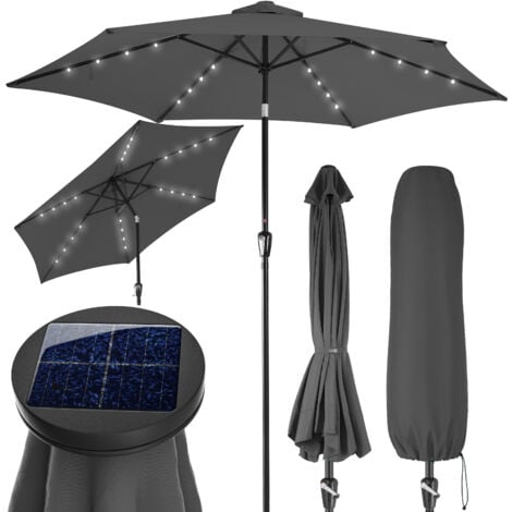KINGSLEEVE® Miami 2.7m Aluminium Garden Parasol with UV80+ Protection, LED Solar Lighting and Protective Cover  270cm Large Balcony Patio Umbrella  Hexagonal Round Tiltable  Anthracite
