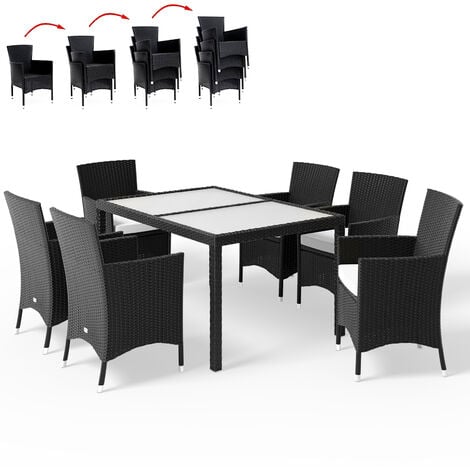 Deuba Poly Rattan Garden Furniture Dining Table and Chairs Set Beige Black Brown Rectangular Glass Outdoor Patio Dining (Black)