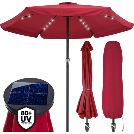 KINGSLEEVE® Athens 3.3m Aluminium Garden Parasol with LED Solar Lighting and Protective Cover 330cm UV Protection 80+ Large Hexagonal Round Tiltable Patio Balcony Umbrella Red