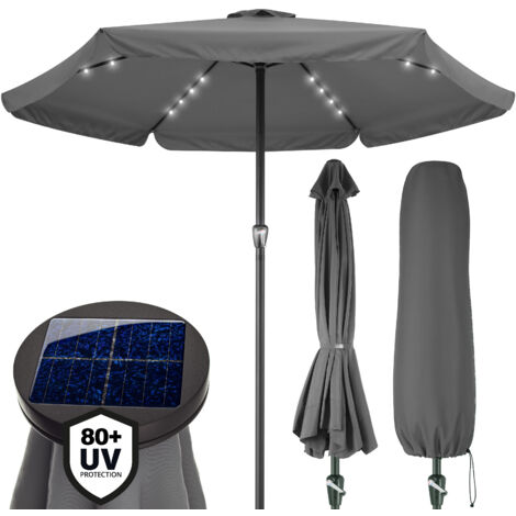 KINGSLEEVE® Athens 3.3m Aluminium Garden Parasol with LED Solar Lighting and Protective Cover 330cm UV Protection 80+ Large Hexagonal Round Tiltable Patio Balcony Umbrella Anthracite
