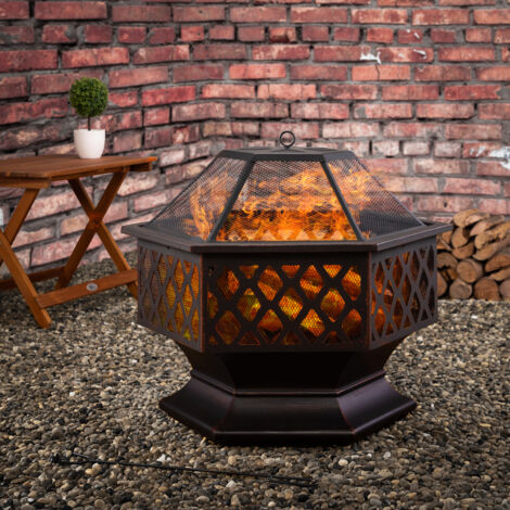 Gardebruk Fire Pit Steel Spark Protection Rustic Look Fire Bowl Fire Pit Outdoor Patio Garden w/ Protection Grill, Poker, Cover - 62.5 x 60.5 x 70cm