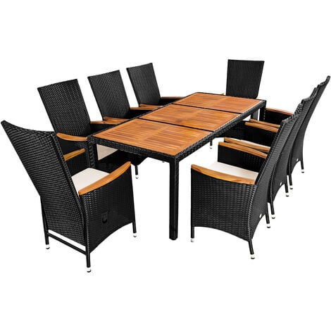 Rattan Garden Furniture Dining Table and Chairs Set Black 8 Seater Rectangular Cube Tiltable Chairs Outdoor Patio Conservatory Seat Cushions