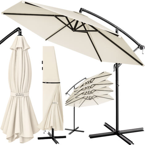 KINGSLEEVE® Brazil 3m Cantilever Garden Parasol with Stand, Cover & Wind Strap UV80+ Sun Protection Water-Repellent Large Tiltable Round Patio Umbrella Crank Handle Cream, 300cm (de)