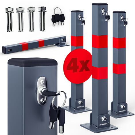 DEUBA® Car Security Barrier for Driveways Telescopic Parking Space Bollard Retracts Down to 7.5cm 3 Keys Pre-Drilled Base Plate, Reflective Strips 4x