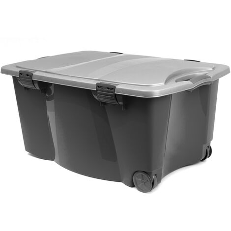 Storage Box Wheels Lid Latches Large Plastic Trunk Chest Container Clip  80x52x41cm Black