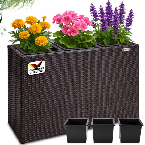 CASARIA® Large Tall Rattan Flower Pot Planter  3 Removable Inner Plant Pots With Water Drain  Poly Rattan Trough Flower Box Planters Outdoor Garden  83x30.5x60 cm  Brown