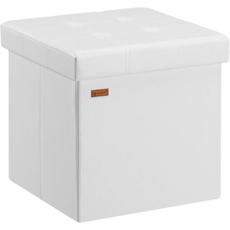 CASARIA® 38cm Square Foldable Stool with Storage Space  Faux Leather/Linen with Removable Padded Lid  38x38cm Upholstered Ottoman  40 Litre Capacity Chest  Shoe Accessory Store Box  M White