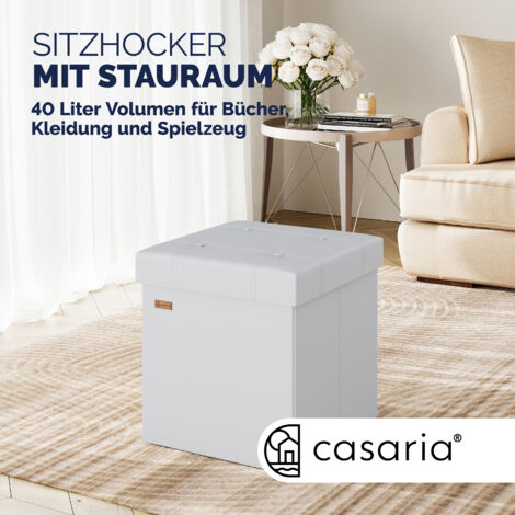 CASARIA® 38cm Square Foldable Stool with Storage Space  Faux Leather/Linen with Removable Padded Lid  38x38cm Upholstered Ottoman  40 Litre Capacity Chest  Shoe Accessory Store Box  M White