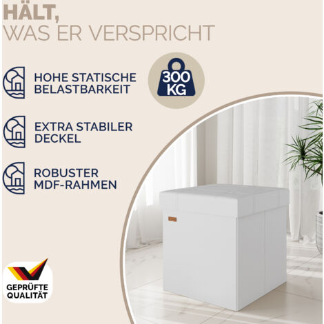CASARIA® 38cm Square Foldable Stool with Storage Space  Faux Leather/Linen with Removable Padded Lid  38x38cm Upholstered Ottoman  40 Litre Capacity Chest  Shoe Accessory Store Box  M White