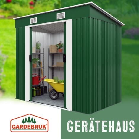 GARDEBRUK® Large 6x4' Metal Tool Shed With Foundation  2m² 4m³  Pent Roof  200x125x185cm  Sliding Door  Galvanised Steel Garden Equipment Bike Log Storage  Green