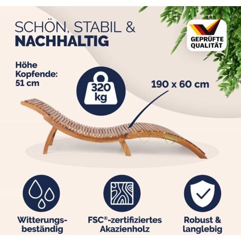 CASARIA® ERGO Sun Lounger  FSC®-certified Acacia Wood  Ergonomic Design  Foldable Garden Sunbed w/Adjustable Headrest  Patio Furniture  160kg Capacity  Carry Handle