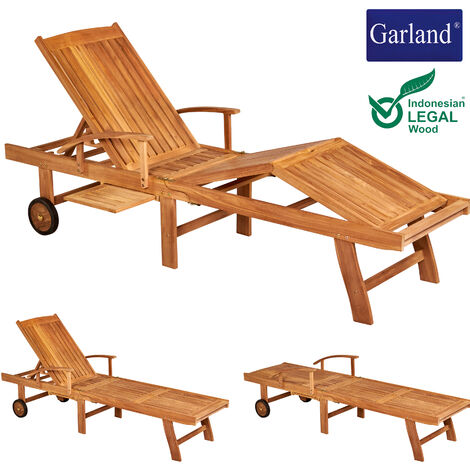 Garland Garden Lounger Breeze Teak Wood Castors Backrest 5-way Adjustable Folding Table Armrests Sun Lounger Outdoor Sun Bed