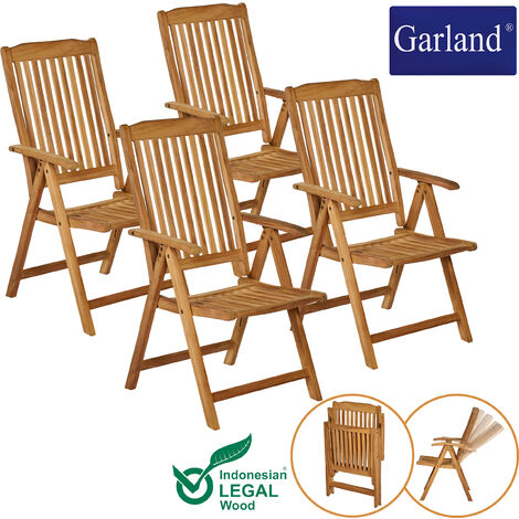 Garland Set of 4 Garden Chair Bari Teak Wood Weatherproof 5-Way Adjustable Foldable Chair Garden Armchair Balcony Chair