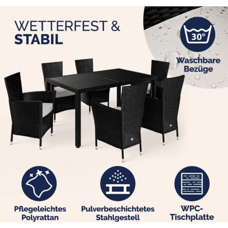 Casaria Poly Rattan Garden Furniture Dining Table Chairs Set 4/ 6/ 8 Seater Cushions WPC Black Patio Outdoor Balcony Terrace Wicker Conservatory  6+1