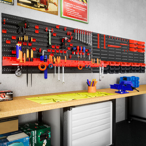 DURHAND 44 Piece Wall Mounted Tool Organizer Rack Kit with Storage Bins  Pegboard and Hooks Red Bin Board Garage Workshop