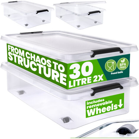 DEUBA® 30/60 Litre Plastic Rolling Storage Boxes w/Lid Stackable Clear BPA-Free  2x 30L (de)