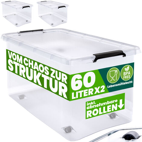 DEUBA® 30/60 Litre Plastic Rolling Storage Boxes w/Lid Stackable Clear BPA-Free  2x 60L (de)