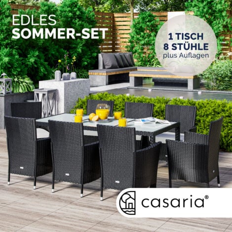 CASARIA® Milan Polyrattan 8+1 Chairs Garden Dining Furniture Glass Table Black