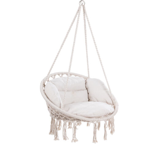 DETEX® Boho Style Hanging 60cm Circular Chair w/2 Cushion Indoor Outdoor Cotton  Cream