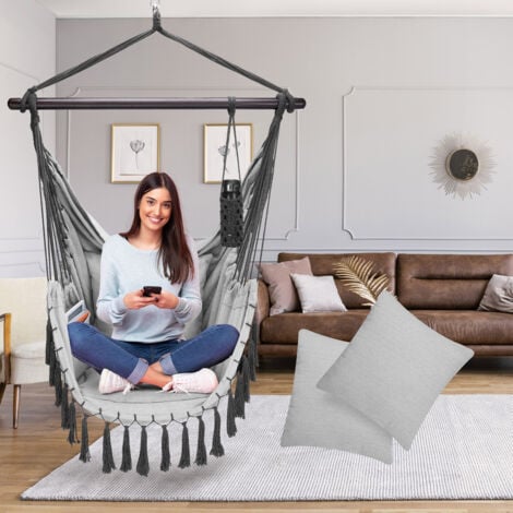 DETEX® Boho Style Hanging Hammock Chair w/Drink Holder 2 Cushion Indoor Outdoor   Light Grey