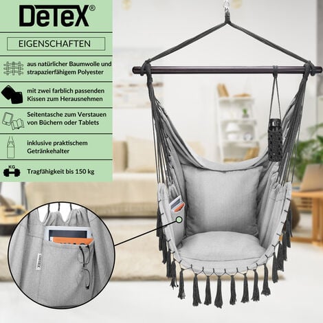 DETEX® Boho Style Hanging Hammock Chair w/Drink Holder 2 Cushion Indoor Outdoor   Light Grey