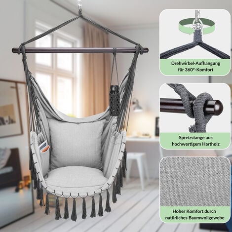 DETEX® Boho Style Hanging Hammock Chair w/Drink Holder 2 Cushion Indoor Outdoor   Light Grey