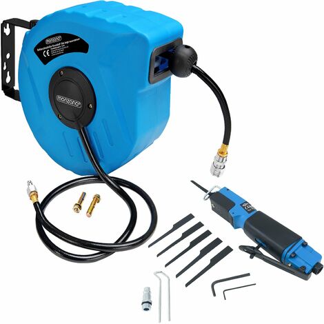 Monzana Hose Reel Pneumatic Compressed Air Tool Set DIY Garage Workshop Equipment 10m Druckluft Schlauchtrommel + Karosseriesäge (de)