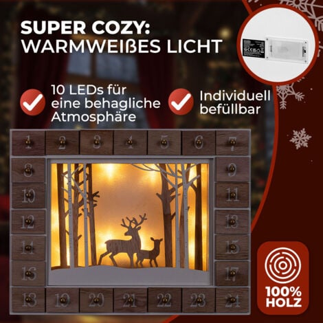 Spielwerk® Traditional Wooden Christmas Advent Calendar  Light-Up Reusable Sustainable Countdown Decoration  24 Refillable Drawers  Warm White LEDs  DIY Gift Ornament  Winterwald (de)