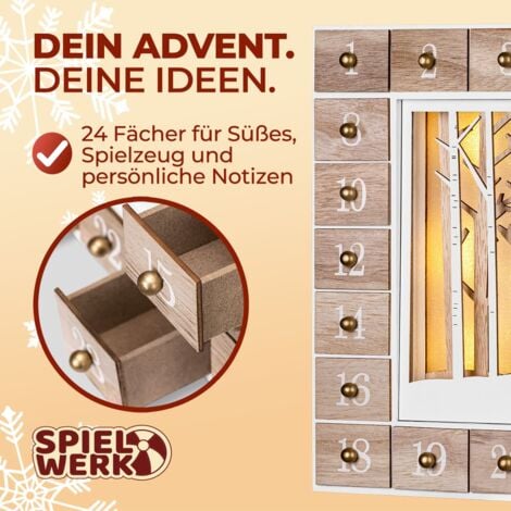 Spielwerk® Traditional Wooden Christmas Advent Calendar  Light-Up Reusable Sustainable Countdown Decoration  24 Refillable Drawers  Warm White LEDs  DIY Gift Ornament  Winterwald (de)