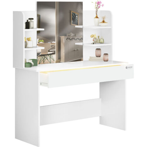 CASARIA® Lucia Dressing Table with Large Mirror, LED Illuminated 3 Compartment Drawer & 4 Open Shelves Ideal For Hair Make-Up Cosmetics Contemporary Dresser 140x118x40cm White 108x40x140cm weiß (
