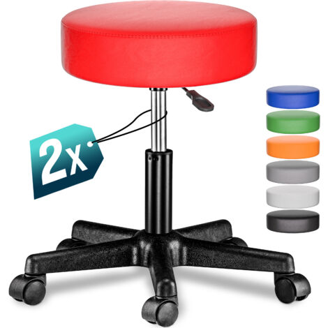CASARIA® 35cm Black Rolling Stool with Wheels Height Adjustable 360° Rotatable Padded Swivel Roll Chair Double Castors Comfortable Upholstered Seating Office Workshop Salon 2Pcs Set Red