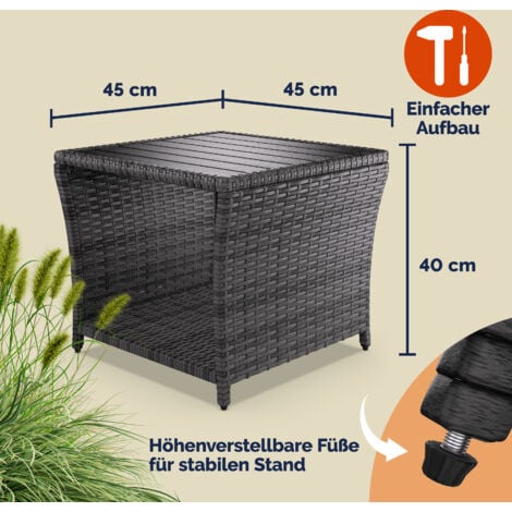 CASARIA® Polyrattan Garden Side Table WPC Table Top  45x45x40cm 80kg Load Capacity  Weatherproof Outdoor Patio Deck Balcony Furniture Coffee Table  Adjustable Levelling Feet  Grey