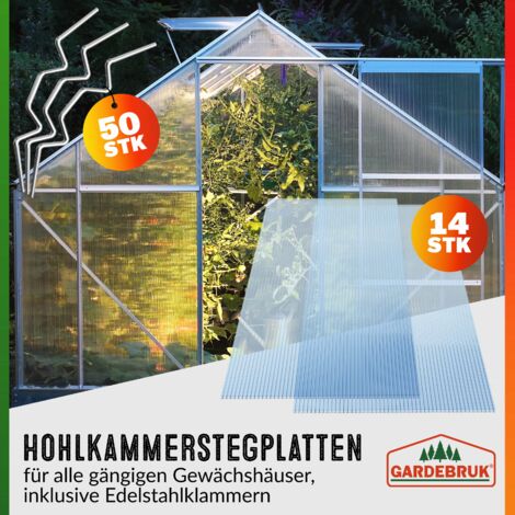 GARDEBRUK® 14x Polycarbonate Twin Wall Sheets & 50x Stainless Steel Glazing Clips  10.25 m²  4mm Double Wall Greenhouse Roofing  Clear Multi Panels Plastic  Outdoor Canopy  Cold Frame