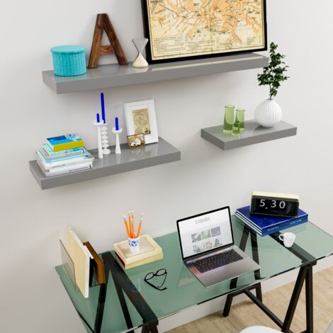 CASARIA® Floating Shelves Including Bracket  Wall Shelving Living Room Kitchen Bedroom Office  38mm Thick  Hidden Wall Fixing  15kg Capacity MDF  Set of 2 High Gloss Grey, 110cm (de)