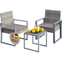 CASARIA® Polyrattan 3pc Garden Furniture Lounge Set Weatherproof Table 2x Chairs 160kg Load Capacity 2 Chairs Pads Height-Adjustable Feet Grey Grey