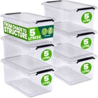 DEUBA® Storage Box With Click Closure Secure Lid 2 Litre and 5 Litre BPA Free Food-Safe Plastic Boxes Small Stackable Transparent Organisers for Kitchen Bedroom Garage Office 6x 5L (de)
