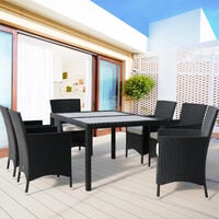 Deuba Poly Rattan Garden Furniture Dining Table and Chairs Set Beige Black Brown Rectangular Glass Outdoor Patio Dining (Black)
