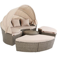 Deuba Poly Rattan Garden Day Bed Ø185cm Sun Isle Lounger with Canopy Side Table Large Patio Furniture Set (Cream)