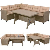 Deuba Poly Rattan Corner Sofa Set Dining Table Bench Conservatory Patio Outdoor Garden Furniture Lounge WPC (Cream)