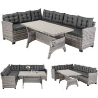 Casaria Poly Rattan Corner Seat Table Bench Chair Set WPC Cushion Garden Lounge Patio Furniture Grey