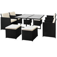 DEUBA Poly Rattan Cube Set Size Choice Black Wicker Garden Furniture Outdoor Patio Conservatory Dining Table Chairs Stool (8 + 1)