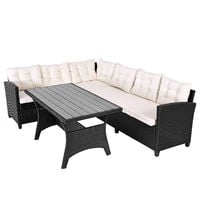 Deuba Poly Rattan Corner Sofa Set Conservatory Patio Outdoor Garden Furniture Black Lounge with WPC Table (Black)