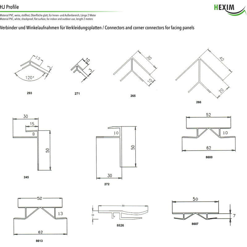 Profilés de finition PVC blanc 2m H/U, nombreux modèles HJ: Profilés en U,  274 isocèles - montage 10,8 mm