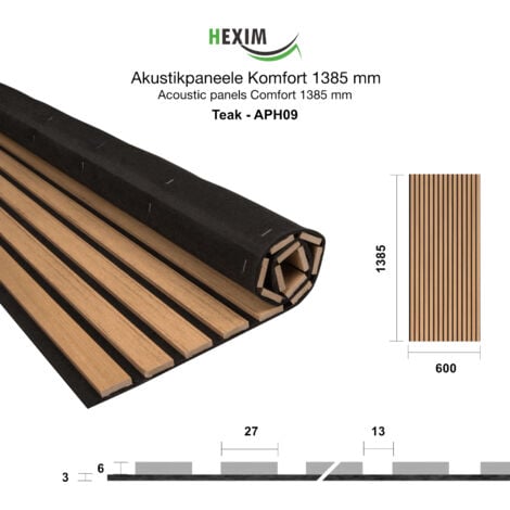 HEXIM Panneaux Acoustiques à Lamelles 0,83 m² - Panneaux Muraux Flexibles Revêtement Mural MDF 138,5x60cm: Teak - AP09 (de), 1 Paneel - 0.83m² (de)