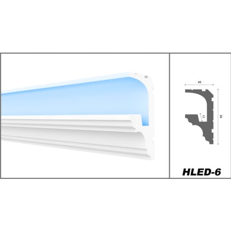 HEXIMO LED Moulures 2en1, éclairage indirect Corniche de plafond XPS  Polystyrene: HLED-6 - 49x95 mm, Échantillon 15 cm