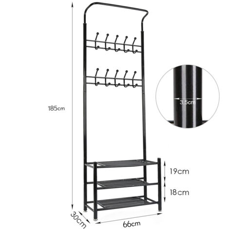 Appendiabiti da Terra Attaccapanni in Metallo e Legno Nero 45x45x180 cm