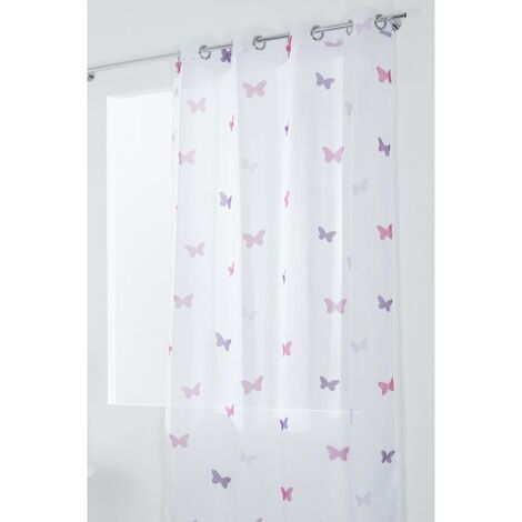 Voilage 140 X 280 Cm A Oeillets Grande Hauteur A Motif Imprime Papillons Blanc Rose Violet