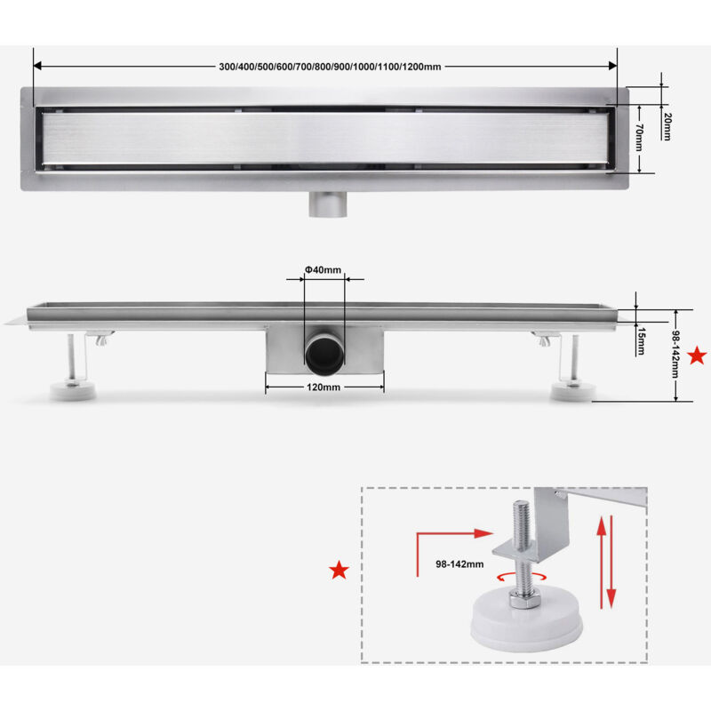 SONNI Caniveau De Douche 900 Mm Ecoulement De Douche Extra Plat Acier Inoxydable 2 En 1 Salle De